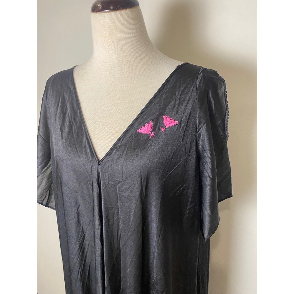 Vintage 60s 70s Black Butterfly Embroidered Maxi Nightgown V-Neck Open Back L - Picture 2 of 5